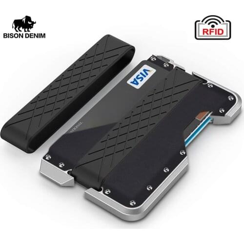 BISON DENIM Multi-function card holder wallet men genuine leather and Aluminum Metal Rfid Blocking Credit Card Case QB1553-918