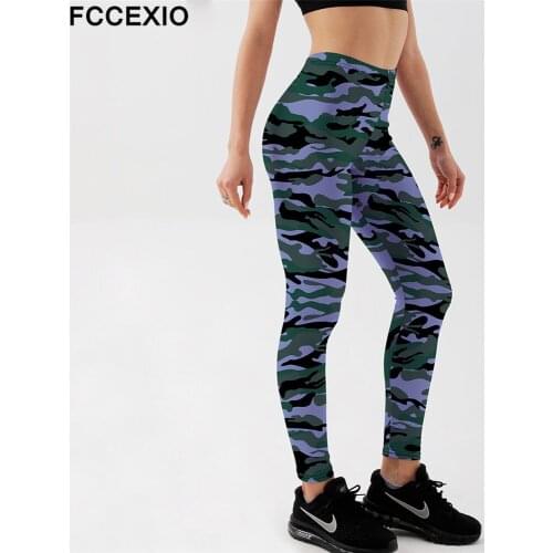 FCCEXIO Classic Camouflage Print Women High Waist Pants Fashion Plus Size Fitness Slim Soft Stretch Leggings Camo Run Trousers