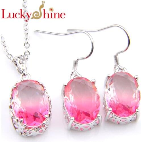Luckyshine Fashion Honey pink Gradient Tourmaline Crystal Pendants Drop Earrings Wedding For Women Jewelry Sets