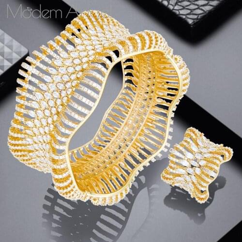 ModemAngel luxury Statement African Gold Bangle Ring Sets For Women Wedding Cubic Zircon Crystal CZ Dubai Bridal Jewelry Sets