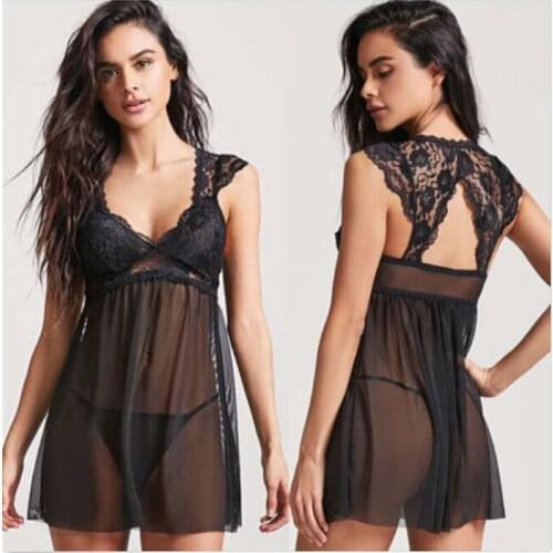 Fashion Sexy Women Lace Spliced Dress Nightwear V-neck Underwear Ladies See Through Mesh Sheer Vestido Babydoll Sleepwear Dress