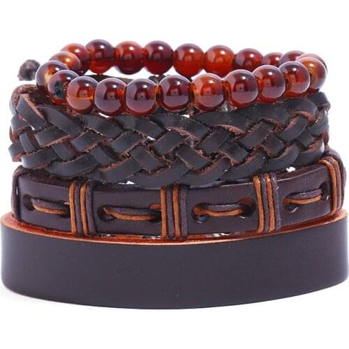 Punk Rock Multi Bracelets Set Handmade Beads Charms Fashion Braided Genuine Leather Wristbands for Men Bangle Wrap Retro Jewelry