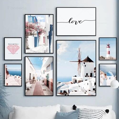 Aegean Sea Santorini Scenery Nordic Posters Lighthous Nature Art Seascape Canvas Painting Wall Pictures for Living Room Decor