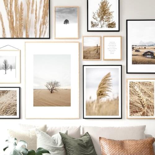 Reeds Wheat Withered Tree Grass Wooden House Poster Wall Art Autumn Landscape Canvas Painting Modular Pictures For Home