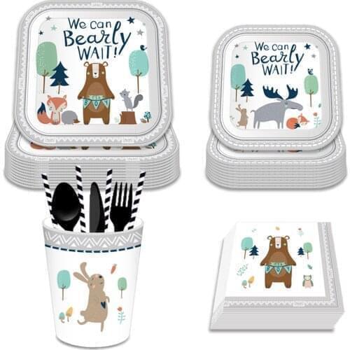 Indian Style Cartoon Jungle Bear Disposable Paper Napkins for Happy Birthday Wild One Animals Tableware Sets Party Decoration