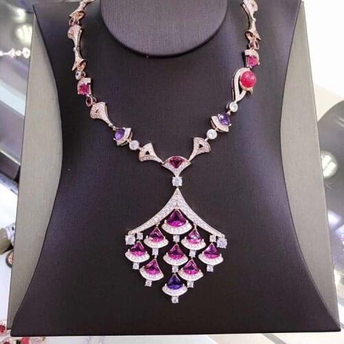 Luxury Brand Fashion Silver Color Necklace Micro - Inlaid Colorful Zircon Stacked Fan Necklace For Women