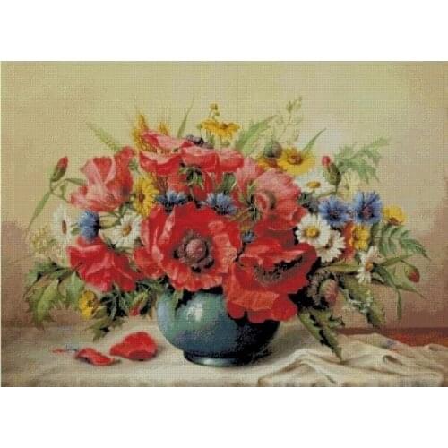 Poppy Vase Flower Cross Stitch Kits Top Quality Embroidery Needlework Sewing Kit 14CT Unprinted DIY Handmade Art Home Decor