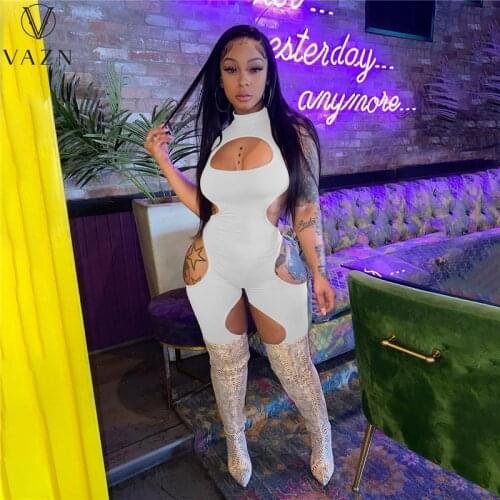 VAZN 2021 New Summer Boho Hole Out V-neck Short Sleeve Young Sexy Soft Fancy High Street High Waist Women Playsuits