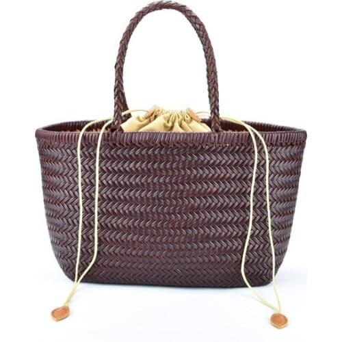 Womens Genuine Leather Shoulder Bag with Inner Bag Weaving Casual Shopping Bag Vintage Tote Purse Cowhide Cross Hand Bags