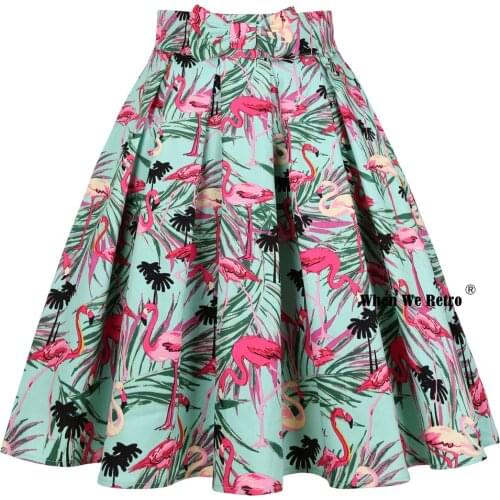 50s 60s Flamingo Printed Cotton Green Vintage Skirt SS0012 Korean Bow Retro Punk Rockabilly Pleated Skirts Women ropa mujer