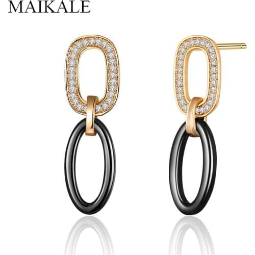 MAIKALE Fashion Design Oval Circle Ceramic Drop Earrings for Women Gold Silver Color AAA Cubic Zirconia Romantic Jewelry Gifts