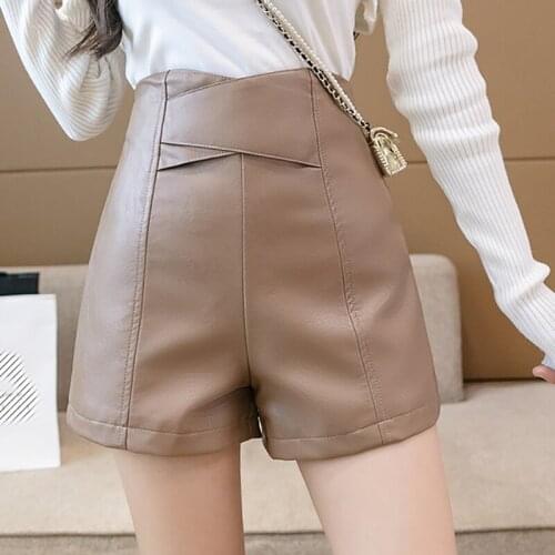 2021 Autumn Pants Womens Leather Shorts High Waist Pockets Zipper Black Khaqi A-line Wide-legged Slim Elegant Pu Shorts Female