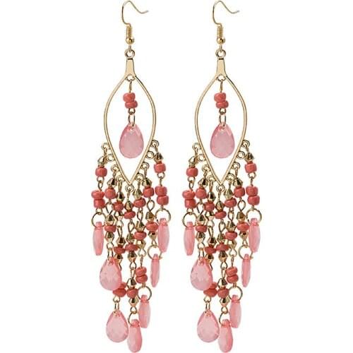 Metal stone beads Bohemian vintage ethnic earrings jewelry for women lady Vacation gifts blue red beads handmade earring jewelry