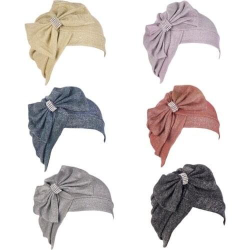 2021 Women Muslim Hijab Turban Hat Cross Front Forehead Rhinestone Big Bow Bonnet Head Scarf Islamic Ruched Headwrap Cap