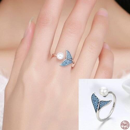CANZE S925 Sterling Silver Women Diamond Ring Adjustable Fashion Mermaid Bubble Pearl Ring Jewelry