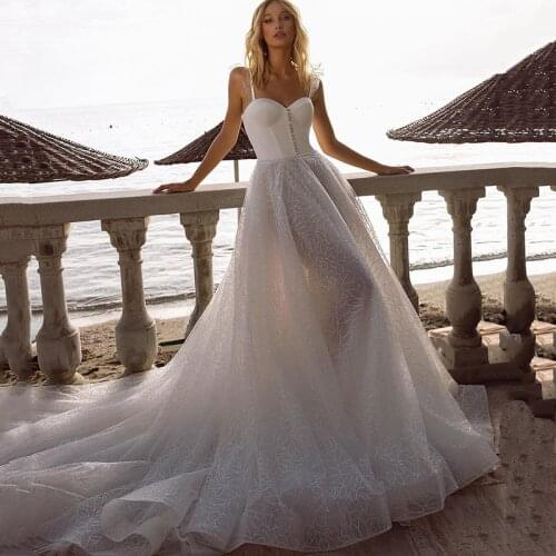 Eightree Glitter Women Beach Wedding Dresses 2021 A Line Bridal Dress Spaghetti Straps Vintage Wedding Gowns Sweep Train Pearls