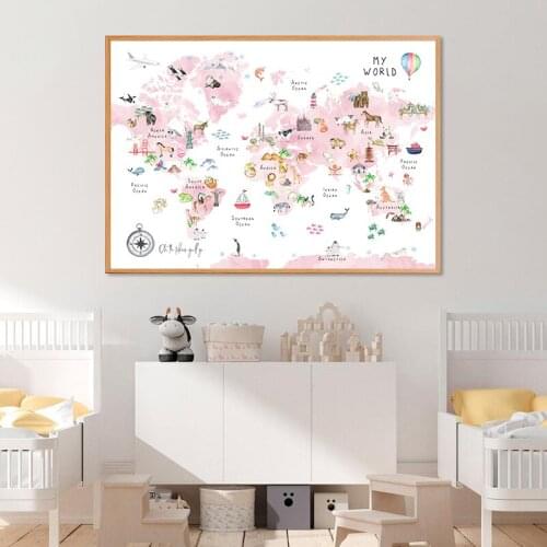 Baby Girl Kids Room Decor Canvas Painting Animal World Map Educational Poster Pink Watercolor Prints Nursery Wall Art Picture