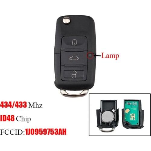 1J0959753AH Car Key for Volkswagen VW 3 Buttons Flip Remote 433/434Mhz ID48 Chip Remote Fob Control Car Key Fob