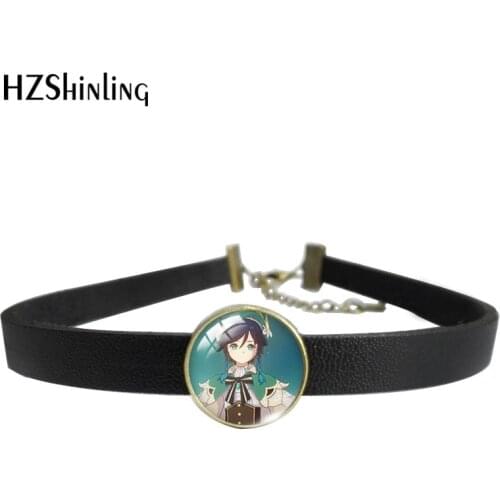 2021 Black Leather Choker Necklace Genshin Impact Kaeya Diluc Venti Pattern Glass Cabochon Fashion Jewelry