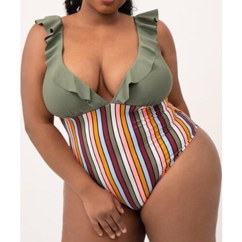2021 Summer Sexy One-piece Large Size Swimwear stripe Print Women big Plus Size Swimsuit Female Bathing Suit For Pool Beach Wear