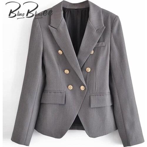 BlingBlingee Office Lady Grey Formal Blazers 2021 Autumn Double Breasted Long Sleeve Notched Collar Slim Women Suit Jackets