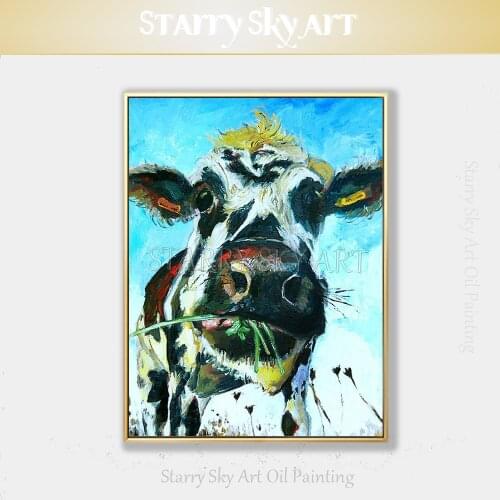 Large Wall Art Artist Pure Hand-painted High Quality Modern Funny Animal Lovely Cow Oil Painting on Canvas Cute Cow Oil Painting