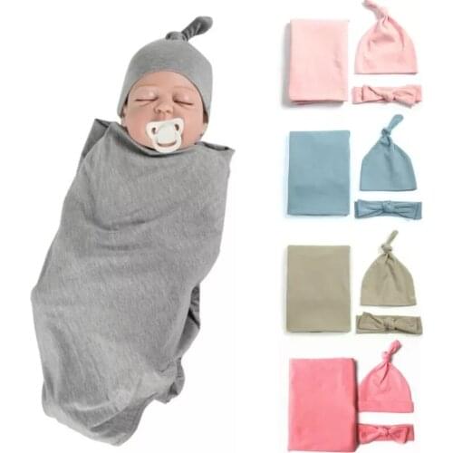 Baby Bedding Wear Newborn Baby Girl Boy Solid Swaddle Wrap Blanket Sleeping Bag+Headband +Hat 3Pcs Set