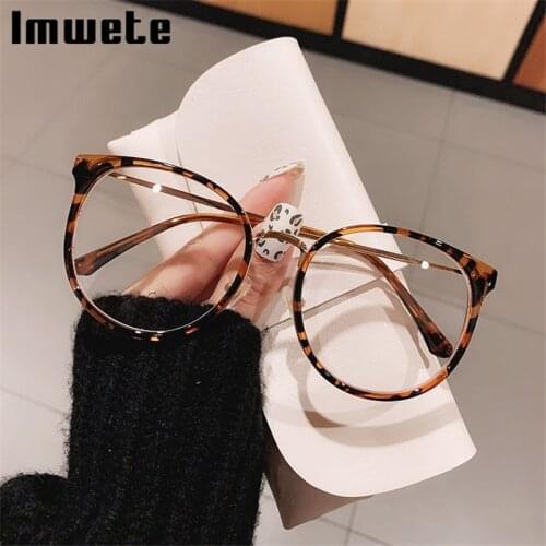 Imwete Luxury Oversized Womens Glasses Men Round Metal Spectacles Frames Vintage Leopard Spectacles Computer Optical Eyewear