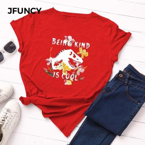 JFUNCY Plus Size Women Cotton Tshirt Dinosaur Graphic Print Loose Tees Shirt Short Sleeve Woman Casual T-shirt Summer Female Top