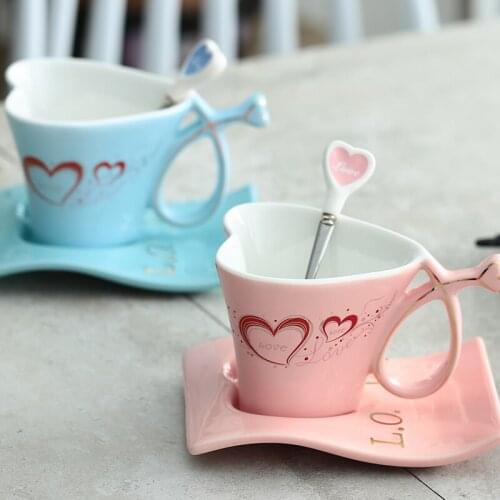 Bone porcelain ceramic cup creative heart-shaped couple cups a pair of European coffee mug wedding birthday gift flower tea cups
