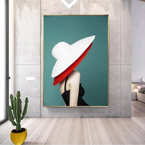 Fashion and Elegant Girl Wearing Hat Wall Art Canvas Painting Abstract Print Wall Picture of Living Room Decoration Painting