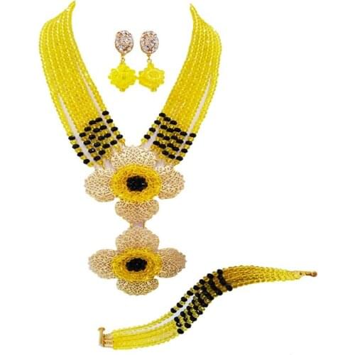 Fashion Yellow Black Nigerian Necklace African Wedding Beads Jewelry Set Crystal Bridal Jewelry Sets 6DHJZ16