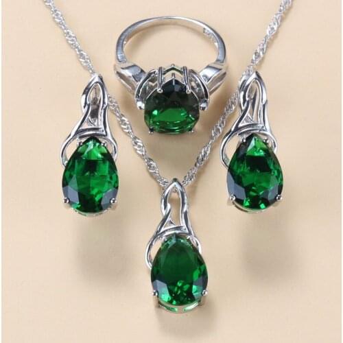 Fashion Jewelry Sets Women Accessories 925 Silver Green Zircon Clip Earrings Necklace And Ring 3-Piece Sets For Women Gift