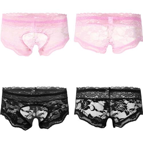 Men Sissy Nightwear See-through Lace Crotchless Briefs Thong Floral Pattern Elastic Waistband T-Back Underwear Underpants