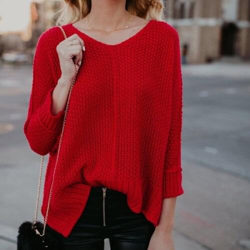 Autumn Winter Women Red Loose Sweaters Pullovers Long Sleeve Pull Femme Solid Pullover Female Casual Knitted Sweater
