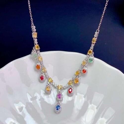 Natural Multicolor sapphire Necklace natural gemstone Pendant Necklace S925 silver trendy sprouting smiling woman gift Jewelry