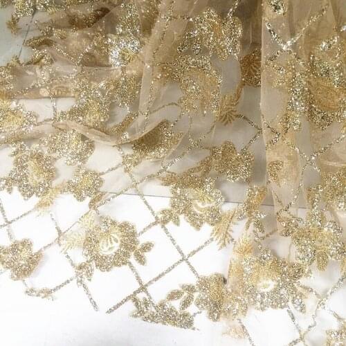 GLace 1M/Lot bronzed mesh lace champagne gold transparent pattern bronzing sequin fabric for dress performance clothing TX753