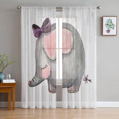 Elephant Wood Grain Sheer Curtains for Living Room Bedroom Kitchen Chiffon Tulle Curtains Home Hotel Coffee Decor