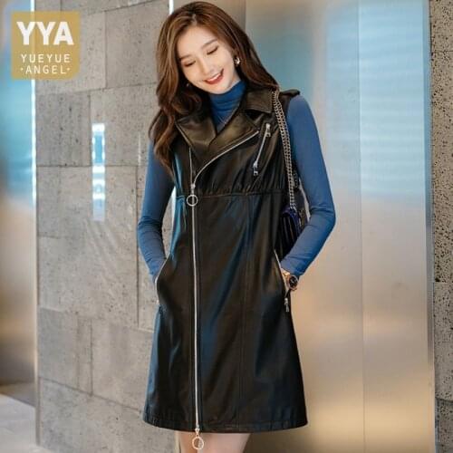 Brand Real Leather Bikers Dress Women Zipper High Waist Sleeveless Sundress Pocket Lapel High Street Sheepskin Dresses Female