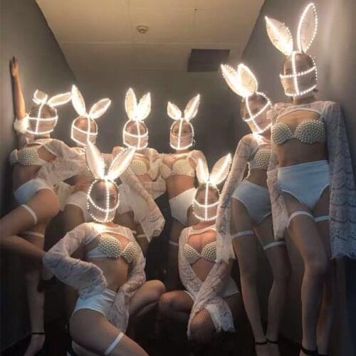 Stage Costumes For Singers White Lace Bikini Rabbit Headdress Nightclub Pole Dance Performance Clothing Festival Outfit DN5572