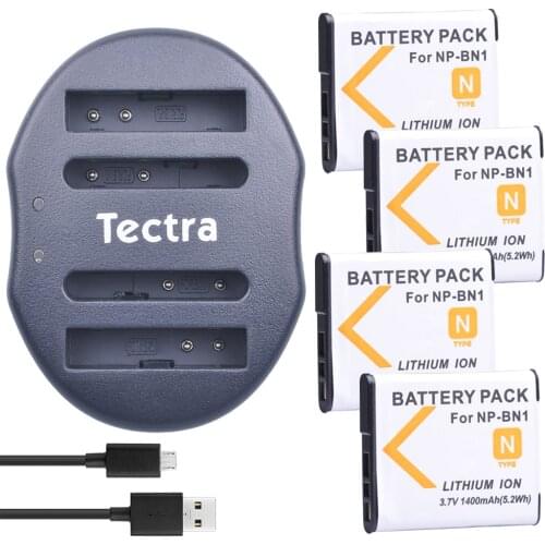 Tectra 4Pcs NP-BN1 NPBN1 np bn1 Replacement Li-ion Battery+USB Dual Charger for Sony DSC-W390 DSC-W380 DSC-W370 DSC-W350
