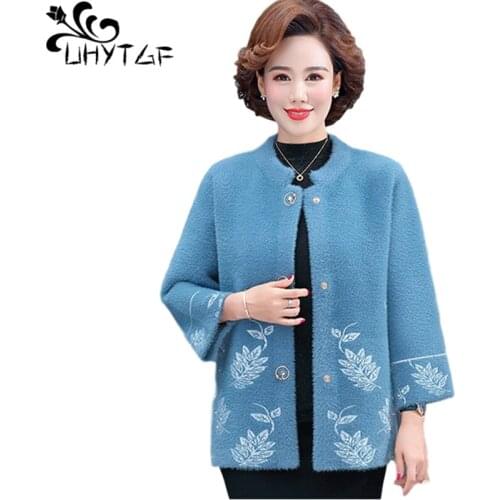 UHYTGF Elegant Women Autumn Winter Sweater Jacket Luxury Imitation Mink Fleece Casual Female Coat Cardigan Plus Size Tops 1114