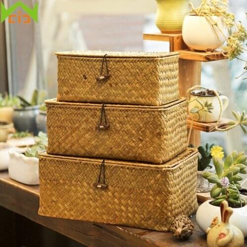 S/M/L Handmade Rattan Storage Box with Cover Wicker Jewelry Storage Baskets Woven Cosmetic Container Rectangle Makeup Organizer