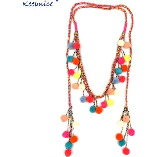 Women Colthing Accessories Bohemian Pompoms Charm Long beaded Chains Necklace Handmade Collier Pompous Tassel Boho Maxi Necklace