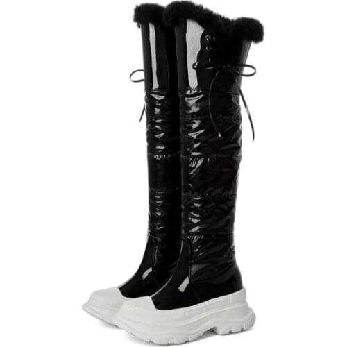 Womens Platform Real Rabbit Fur Over The Knee Thigh Boots Chunky Heel Shoes Warm Winter Thick Patent Leather Black White