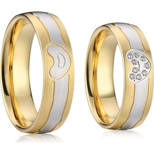 Heart gold ring design for couples wedding bands 14k golden plated titanium jewelry 1 Pair Lovers Alliance promise rings