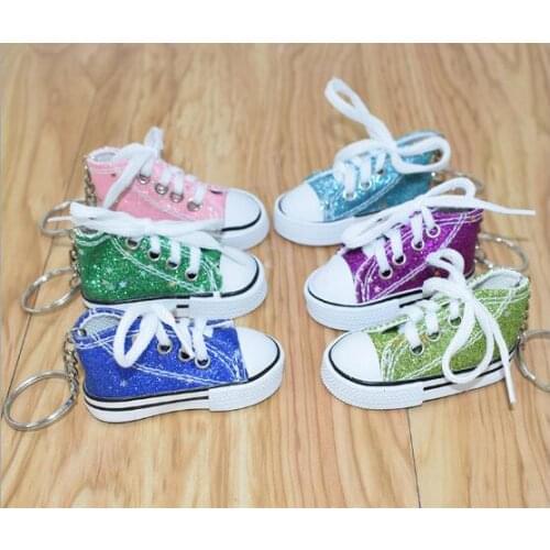 120pcs/lot Bright Shiny Handmade Canvas Shoes Keychain Bag Charms Pendants 6 colros MIXORER Key Chain Keyrings Wholesale