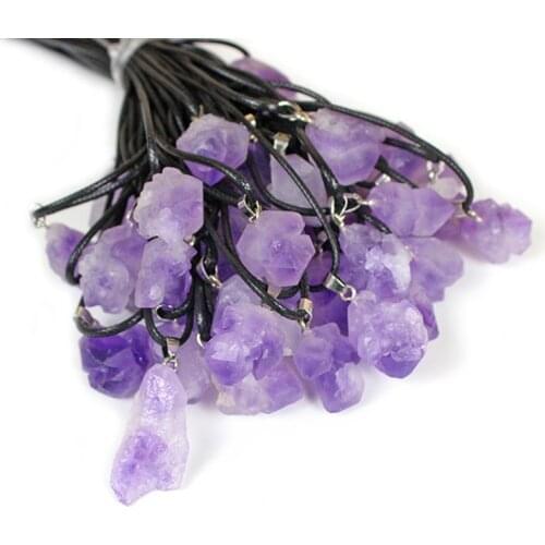 15-20mm Purple Natural Brazil Amethys stone Pendant Quartz Reiki Crystal Point Healing Stone Leather Chain Necklace Pendant