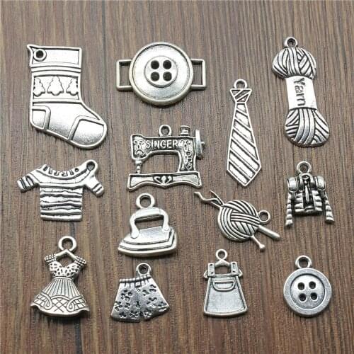 20pcs Daily Necessities Charms Evening Dress Button Tie Sewing Machine Pendants Jewelry Making Antique Silver Color