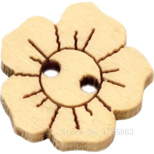 50 Pcs 15mm 2 Holes Flower Wooden Buttons, for Sewing, Scrapbooking, Embelishments, Crafts, 7NK40
